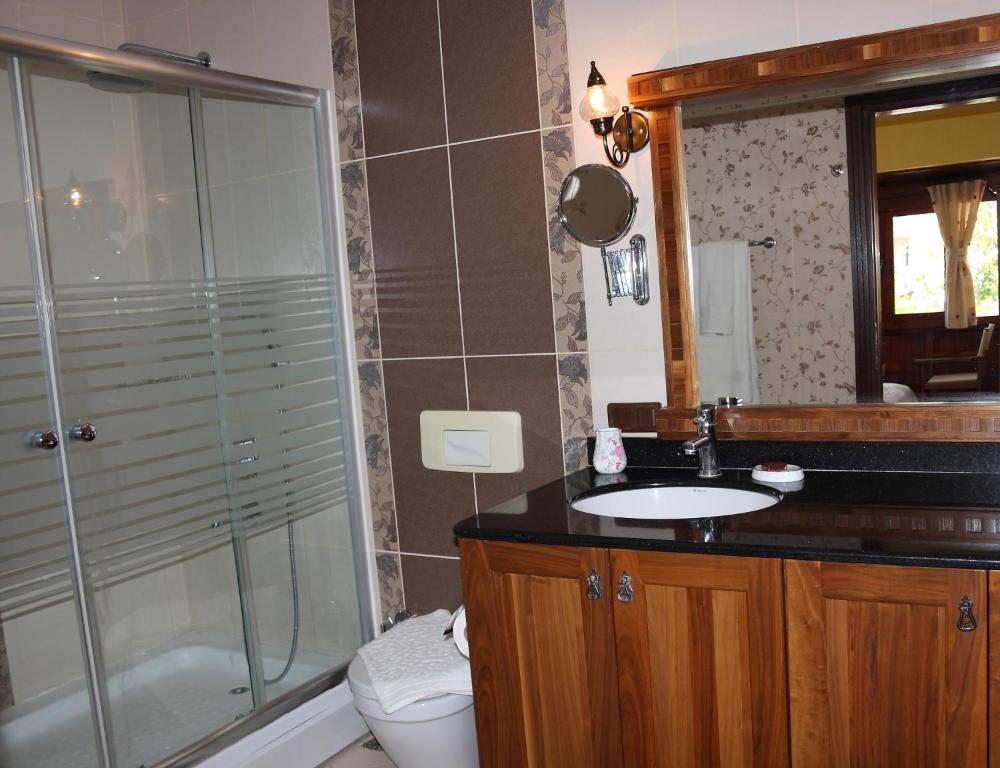 Oda banyosu duşakabin ve granit lavabo
