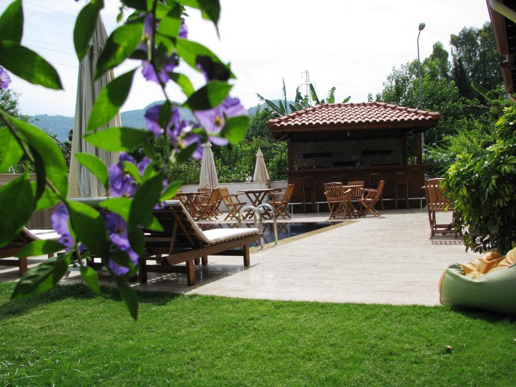 Havuz kenarı şezlong ve mor çiçekler